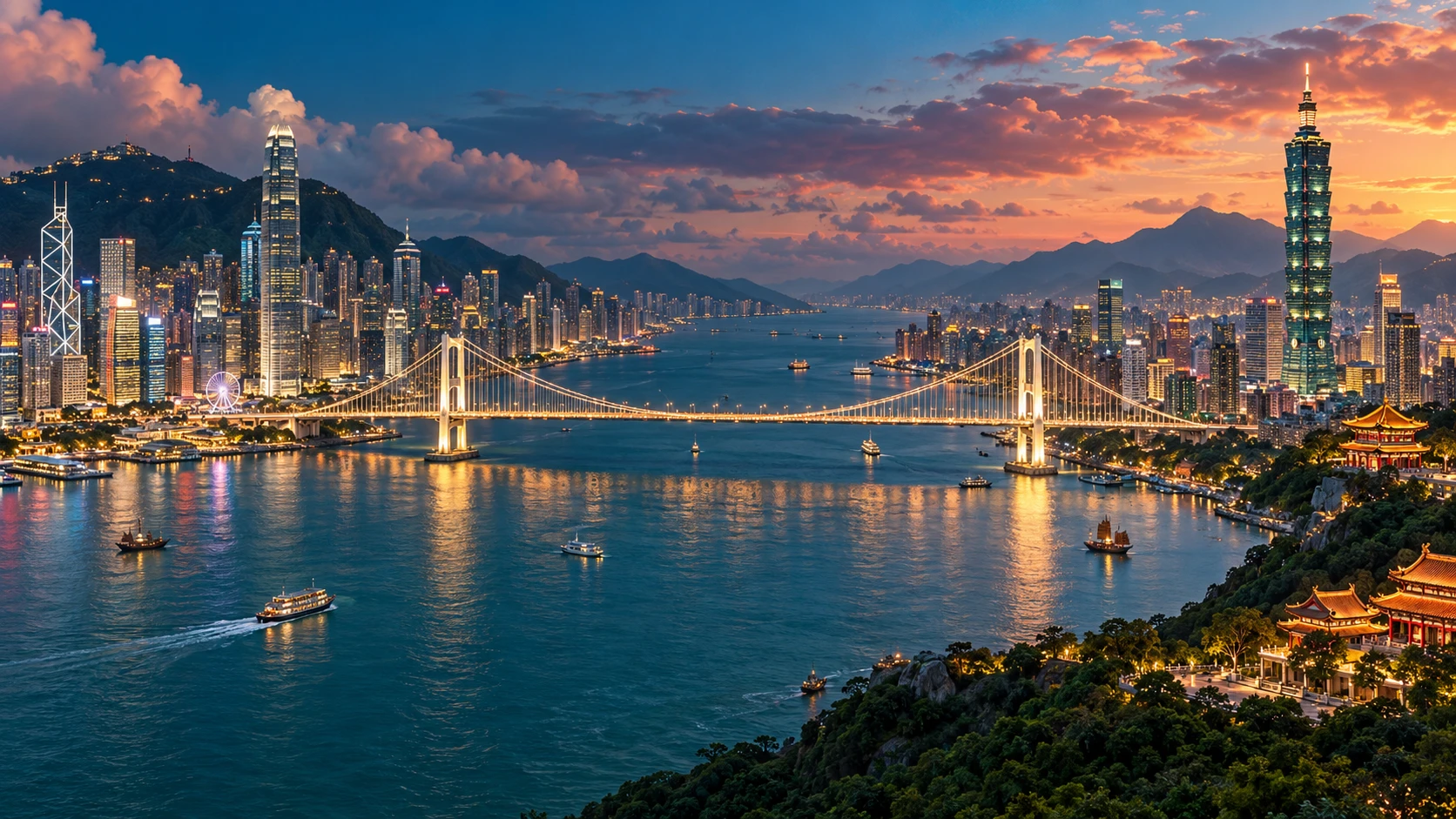 Illustrated bridge connecting Hong Kong ↔ Taiwan